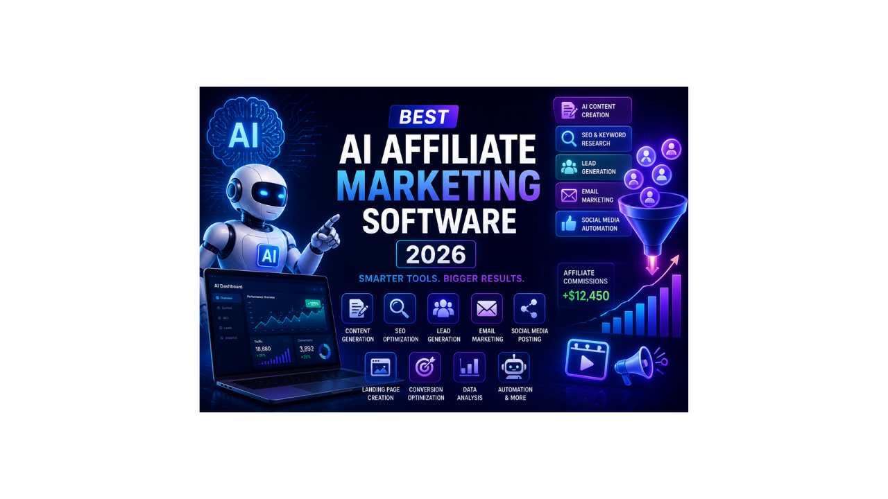 Best AI Affiliate Marketing Software 2026 featuring AI content creation, SEO optimization, lead generation, email marketing, and affiliate business automation tools