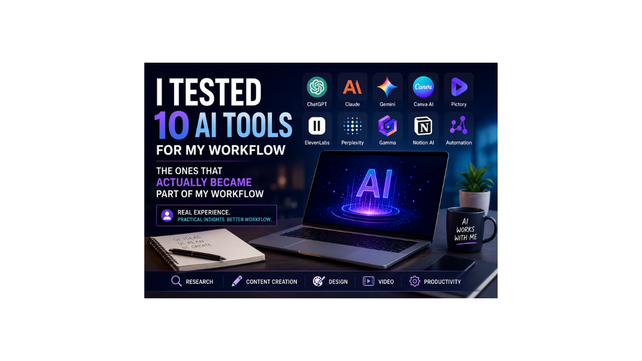 AI tools workflow including ChatGPT, Claude, Perplexity, Canva, and Notion used in professional work.