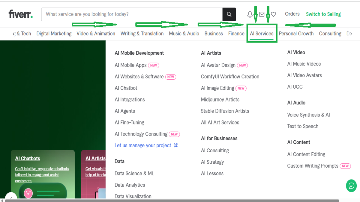 Fiverr AI Services marketplace showing AI chatbots, AI agents, AI video, AI consulting, and automation categories in 2026.